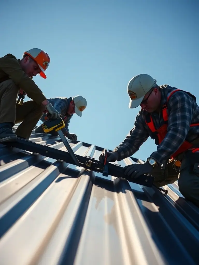 A wide shot of a metal roof installation in progress, with Ted's Roofing professionals using specialized tools and equipment to secure the panels.