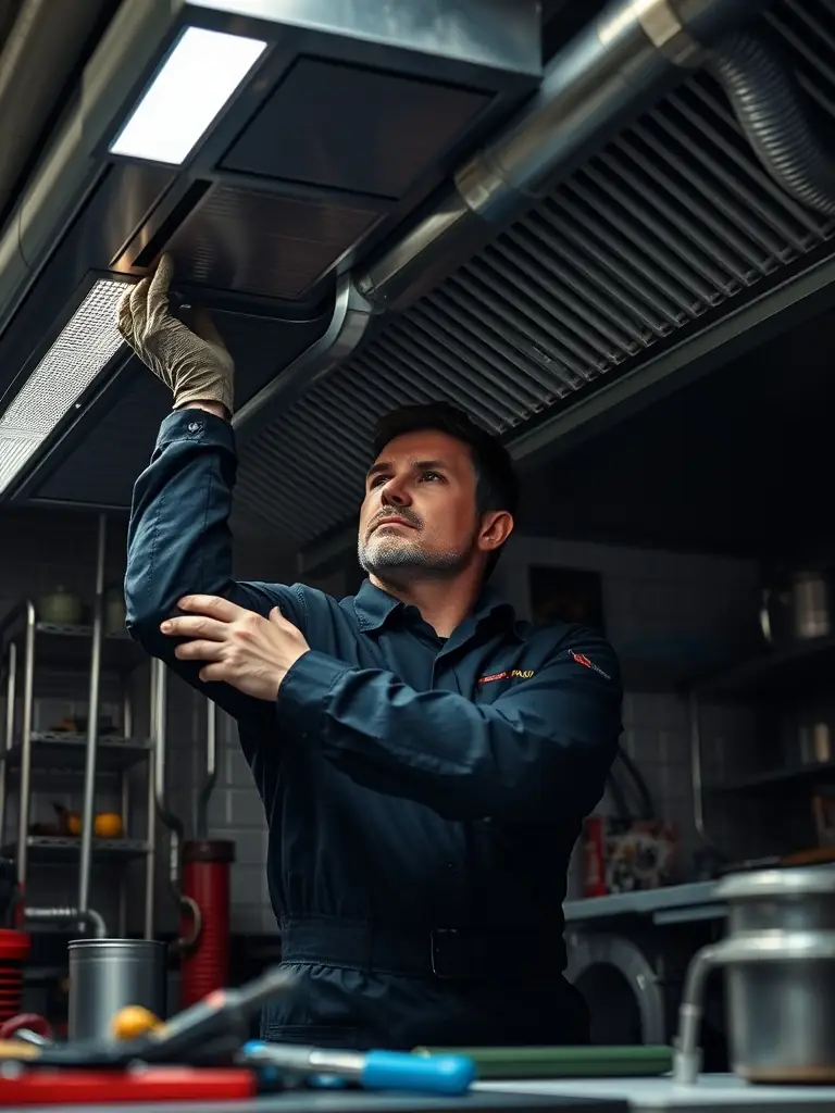A close-up shot of a technician meticulously cleaning the interior of a kitchen vent hood, removing grease and grime with specialized tools, showcasing the thoroughness of Aqua Clean's cleaning process.