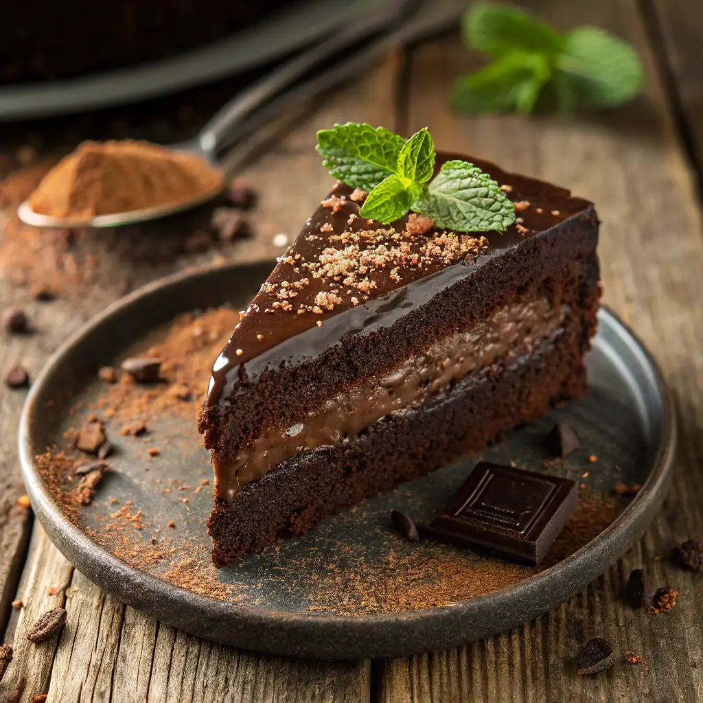 A slice of rich chocolate cake with a scoop of vanilla ice cream and chocolate sauce.
