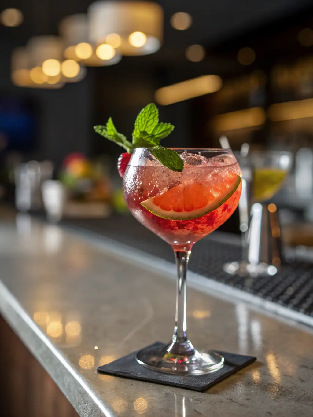 A refreshing image of Ted's Bistro's signature cocktail, featuring colorful fruits, a sprig of mint, and a frosted glass, set against a blurred background of the bistro's interior.