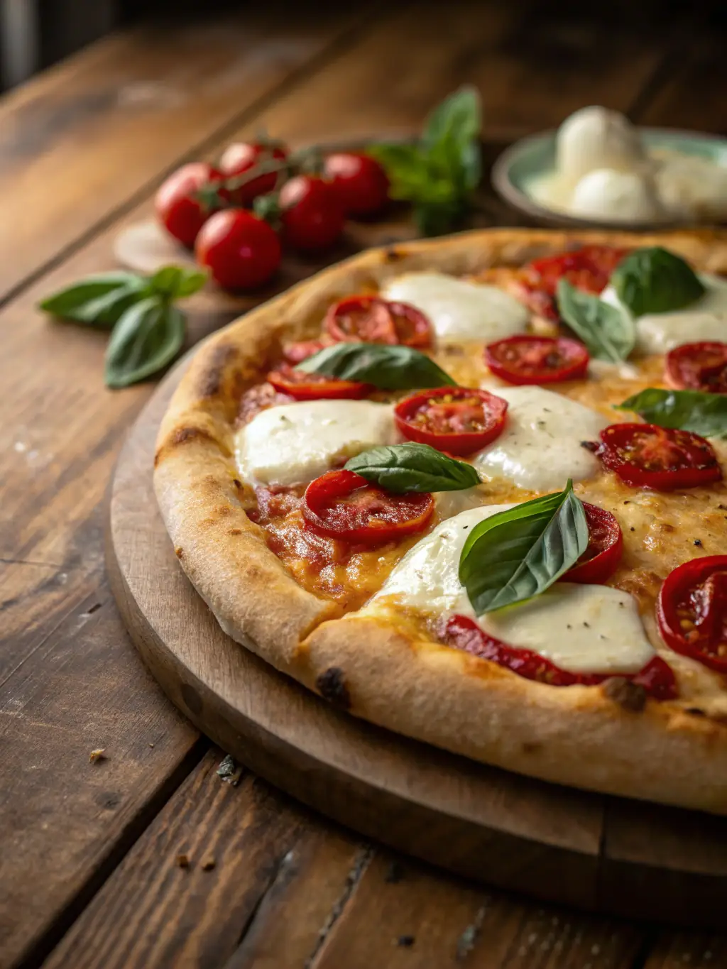 A vibrant image of Ted's Bistro's Margherita pizza, highlighting the fresh basil leaves, ripe tomatoes, melted mozzarella cheese, and perfectly baked crust.
