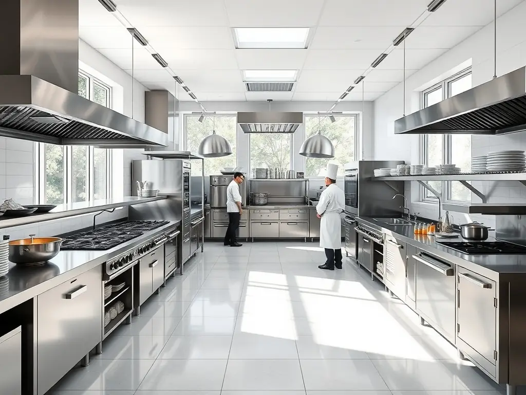 A photograph of a restaurant kitchen with a clean and well-maintained vent hood system, highlighting the overall cleanliness and professional appearance of the kitchen.