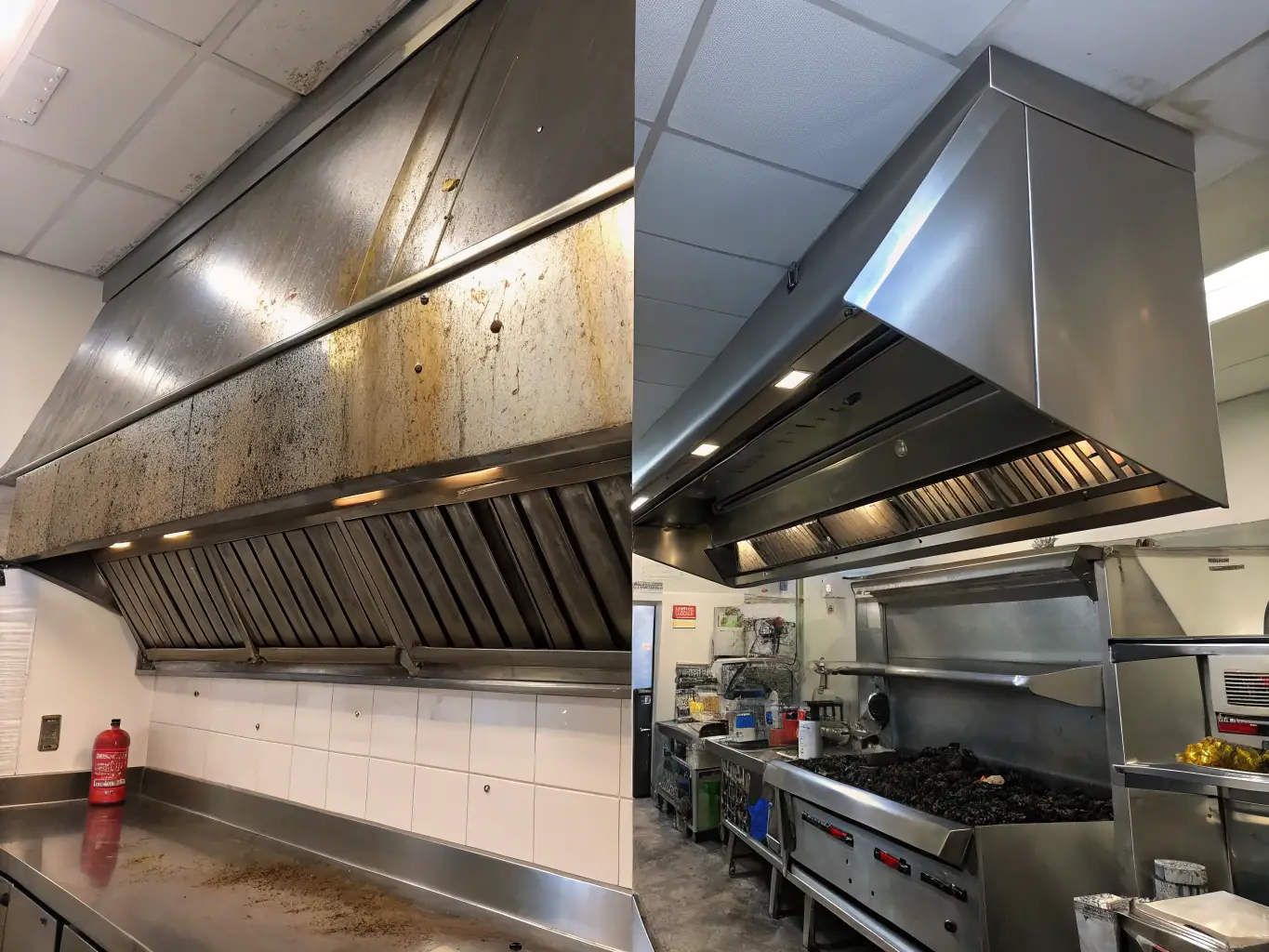 An image showcasing a before-and-after comparison of a vent hood, with the 'before' side covered in grease and the 'after' side sparkling clean, visually demonstrating the effectiveness of Franks Bistro's cleaning services.