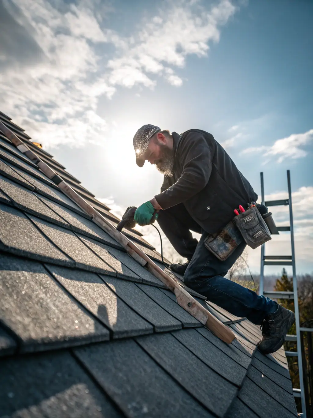 A close-up image of a Ted's Roofing team member inspecting a tile roof for damage, highlighting the intricate patterns and colors of the tiles.