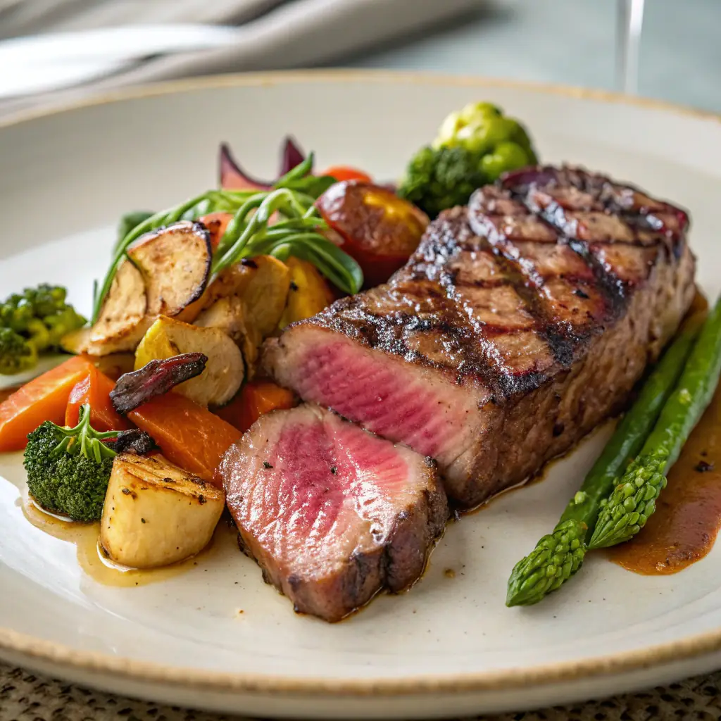 A close-up shot of a perfectly cooked steak with grill marks, served with roasted vegetables and a side of mashed potatoes.