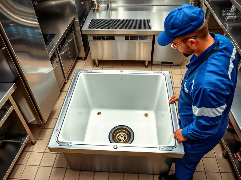 A well-maintained grease trap system, preventing clogs and backups in a restaurant kitchen.
