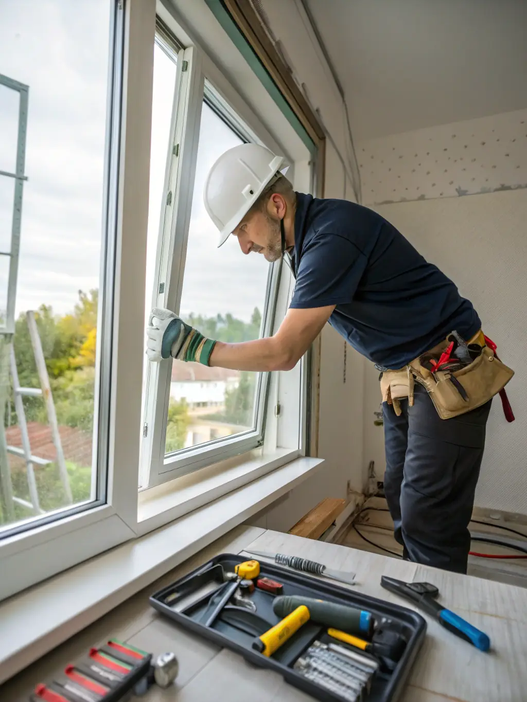 A contractor carefully installing energy-efficient windows in a home, highlighting the precision and attention to detail.