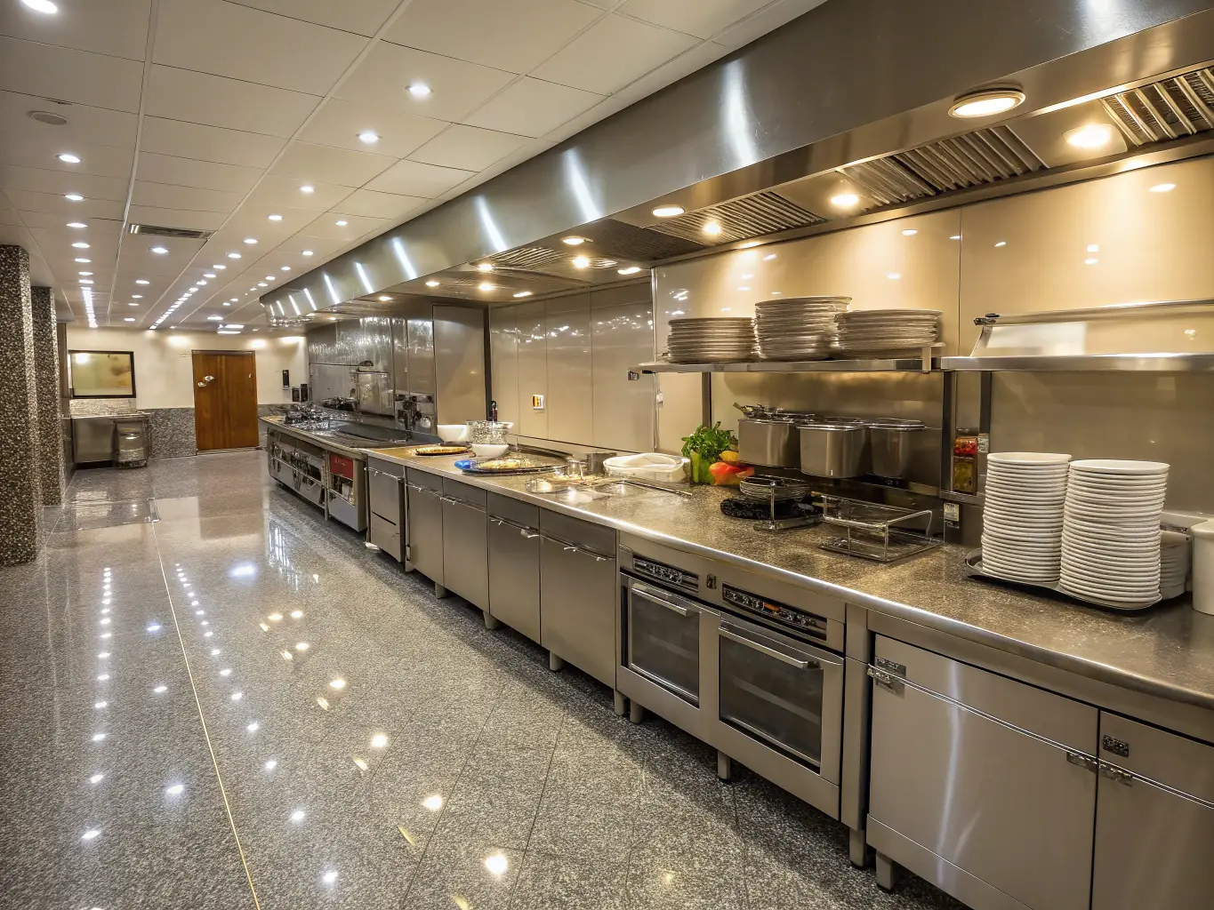 A sparkling clean restaurant kitchen with stainless steel appliances, showcasing a safe and hygienic food preparation environment.