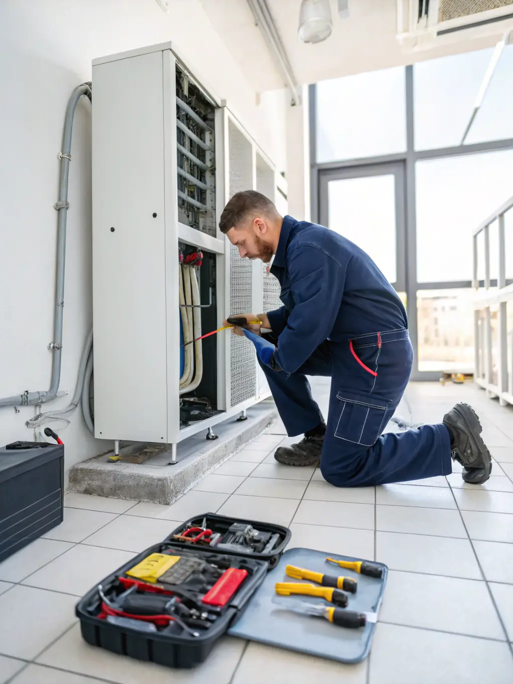 A technician inspecting an HVAC system, checking for wear and tear, with tools and diagnostic equipment visible. The setting is a clean, well-maintained utility room.