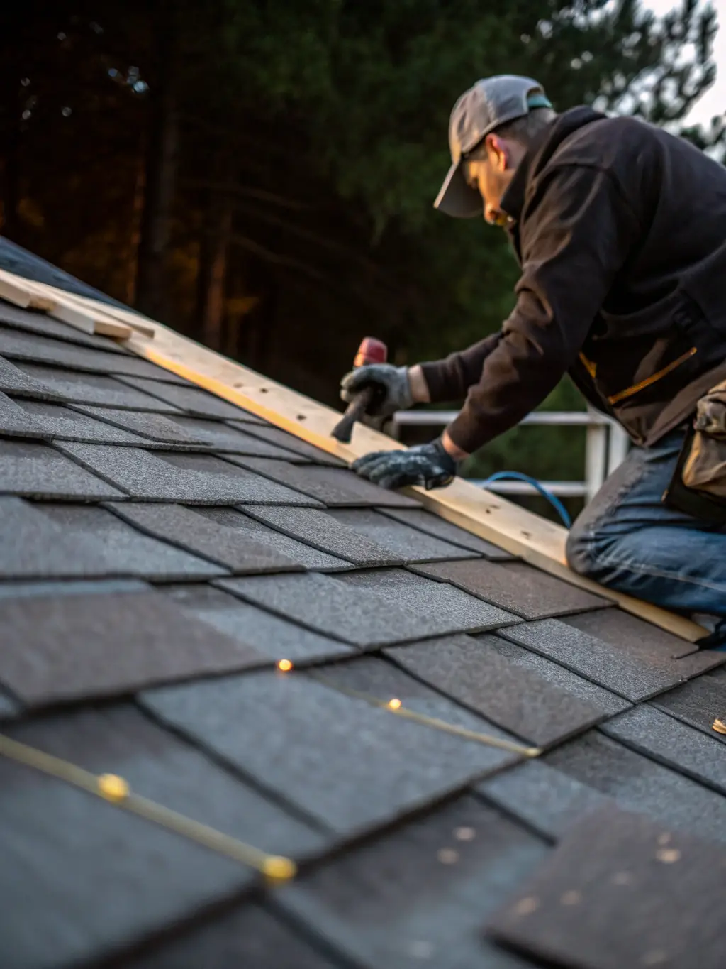 A close-up shot of a roofing contractor expertly installing asphalt shingles on a residential roof, showcasing precision and quality workmanship.