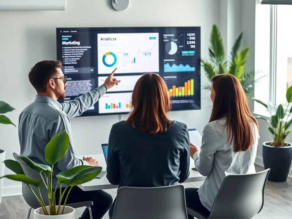 A professional photograph showcasing a team of digital marketing experts collaborating in a modern office setting, symbolizing web365.solutions' commitment to providing top-tier services.