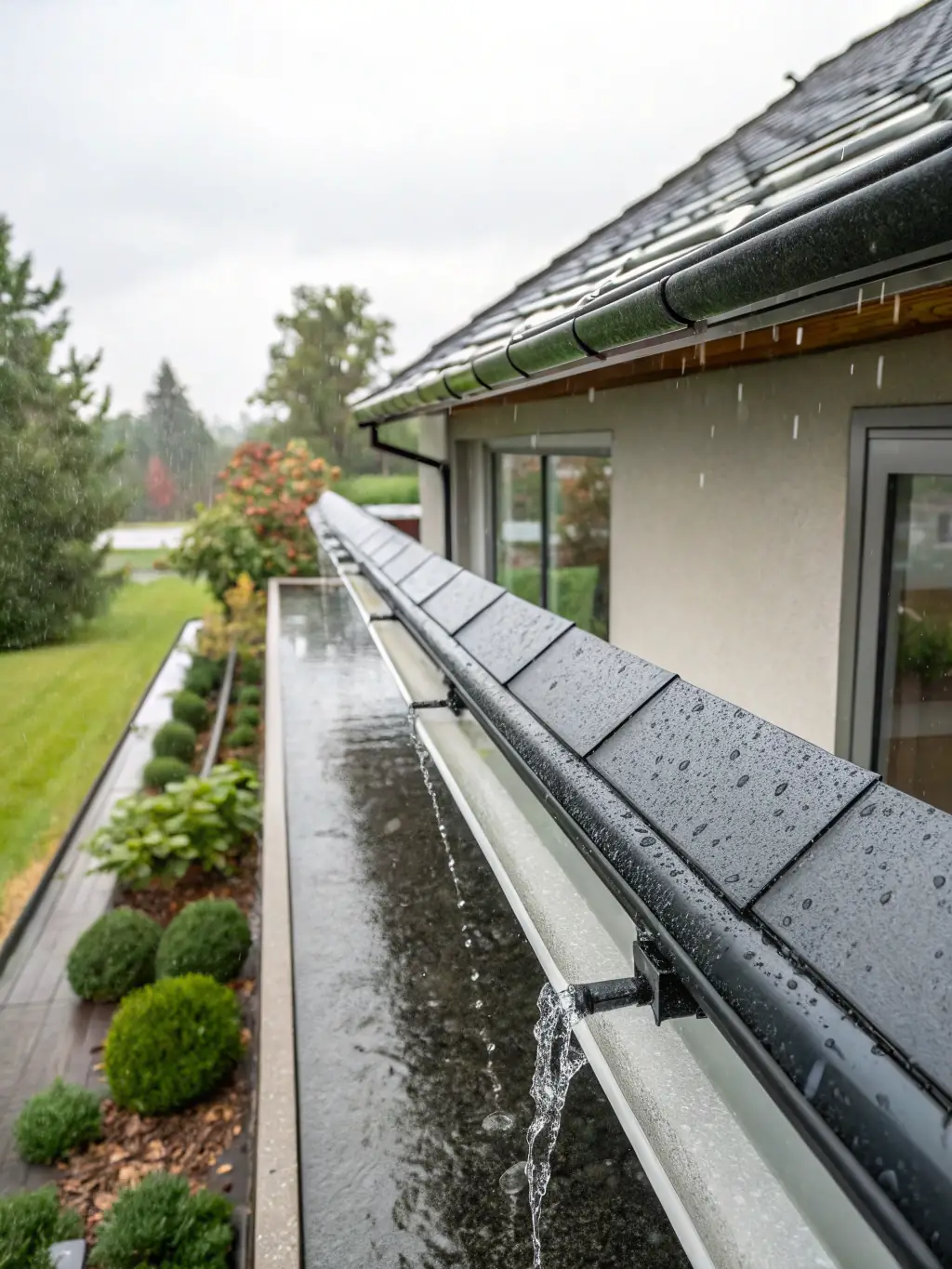 A modern home featuring a newly installed seamless gutter system, effectively channeling rainwater away from the foundation.