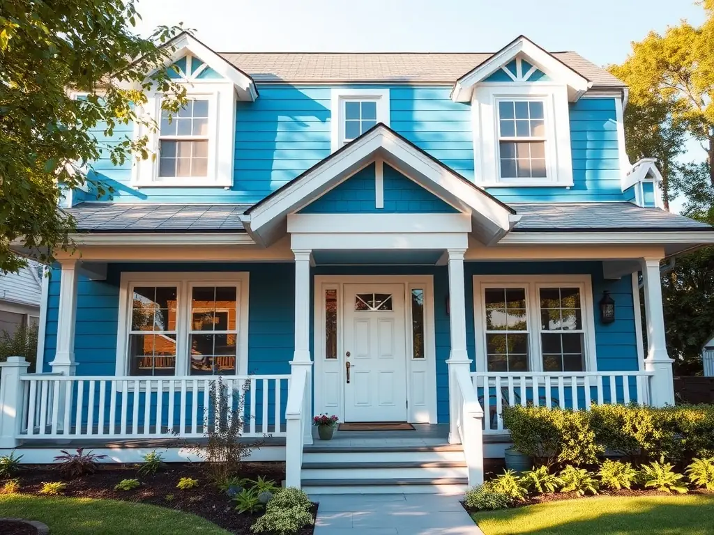 A house with freshly painted exterior, showcasing a clean and modern look with a well-maintained garden in front.