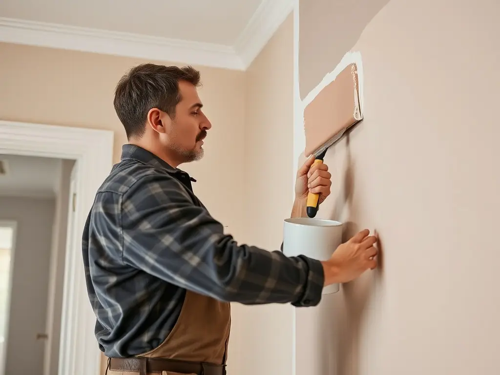 A painter carefully applying a fresh coat of vibrant blue paint to an interior wall, showcasing precision and attention to detail.