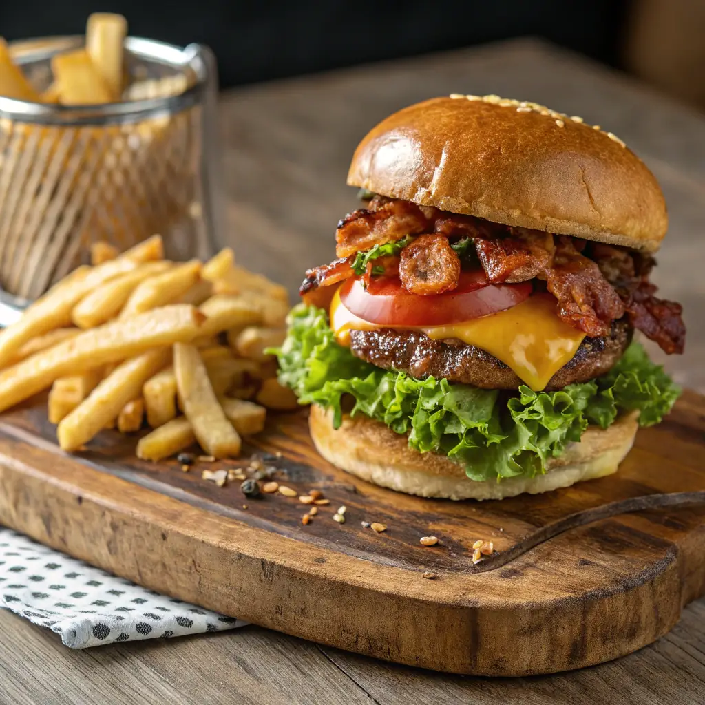 A delicious-looking burger with a juicy patty, melted cheese, lettuce, tomato, and special sauce, served with crispy fries.