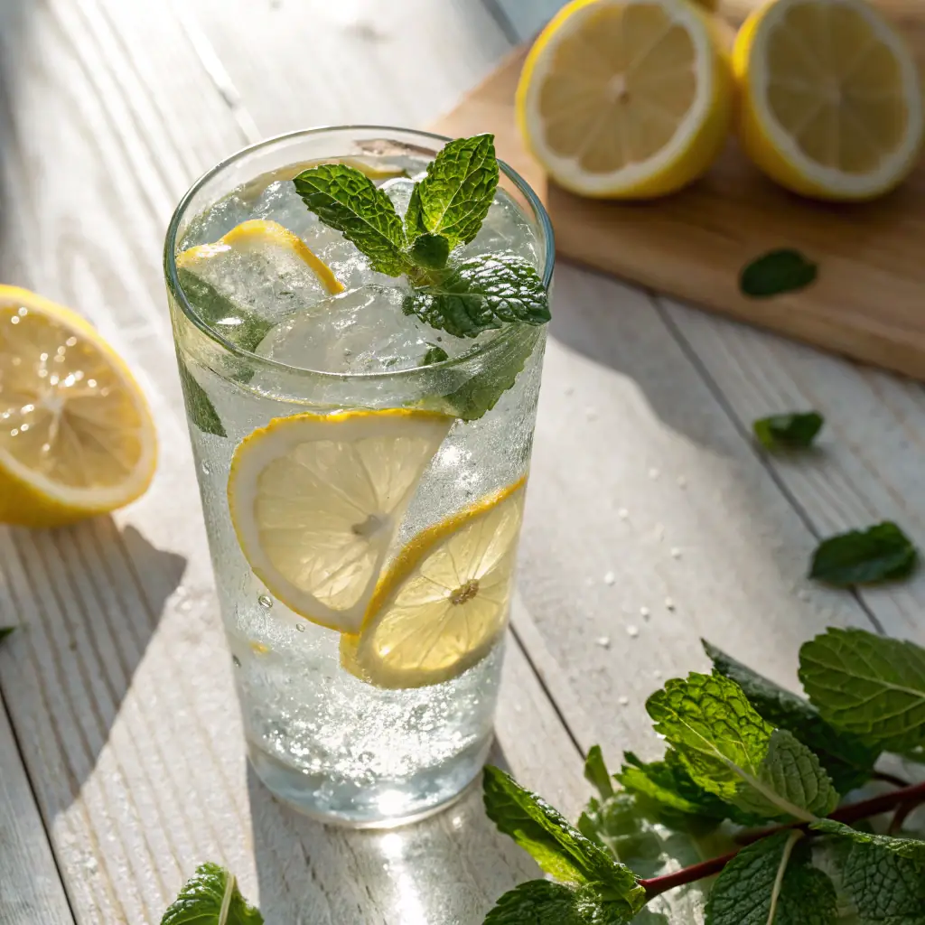 A refreshing glass of iced tea with lemon and mint.