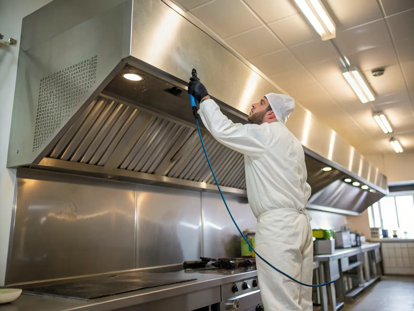 A close-up shot of a restaurant vent hood being meticulously cleaned by a technician wearing protective gear, emphasizing the attention to detail and thoroughness of the cleaning process.
