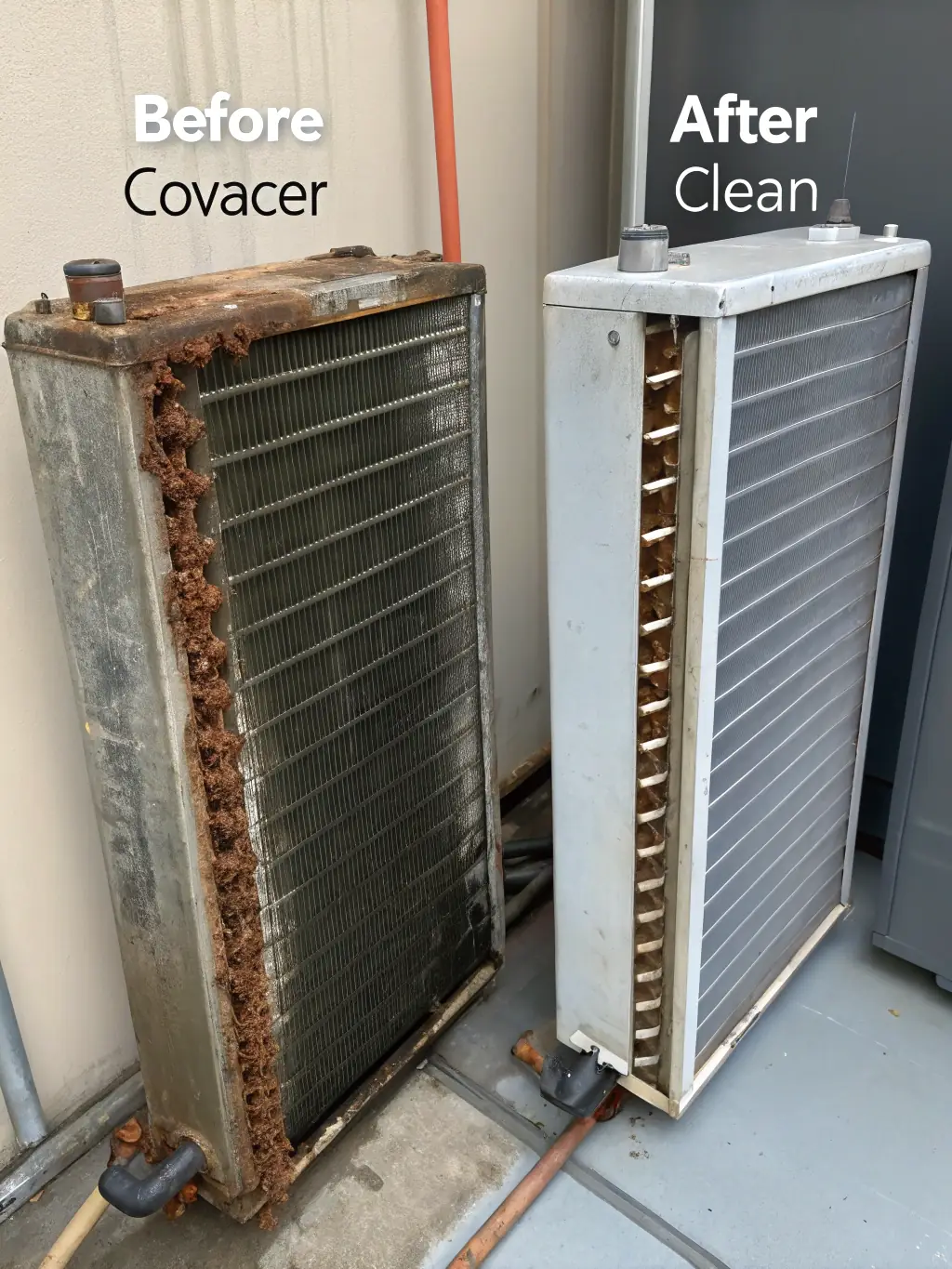 A before-and-after shot of an HVAC coil, demonstrating the effectiveness of Jim's HVAC cleaning services in improving system performance.