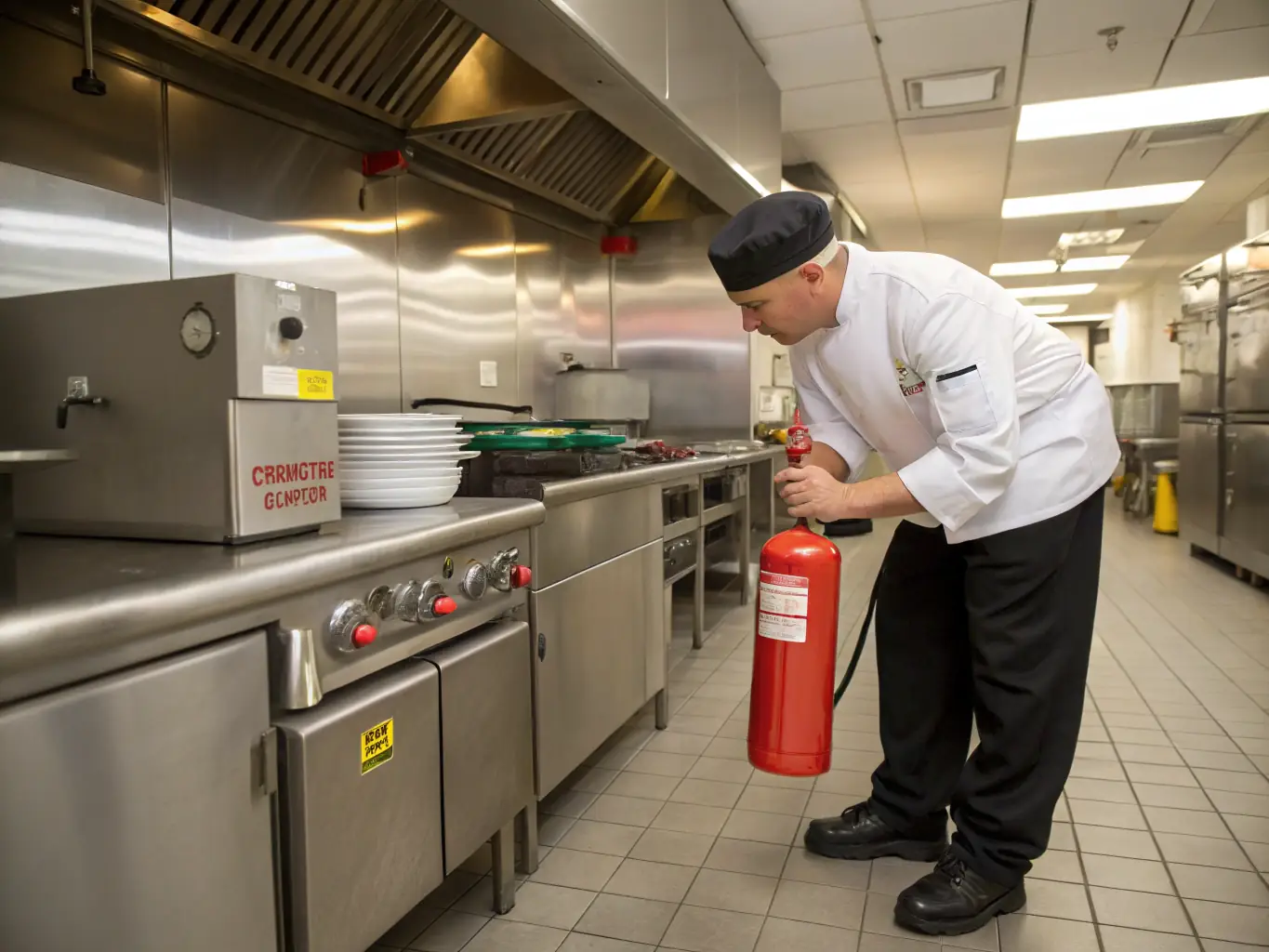 A restaurant kitchen with visible fire safety equipment and clear evacuation routes, emphasizing Chris's Kitchen's focus on fire safety.