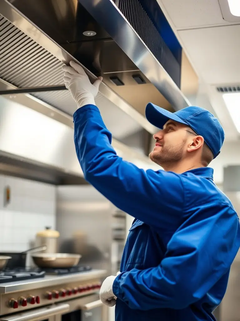 A technician from Aqua Clean performing a thorough inspection of a kitchen's ventilation system, ensuring compliance with NFPA standards.