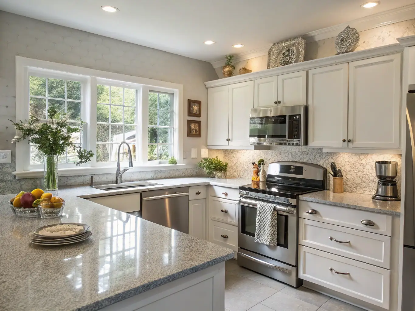 A meticulously cleaned commercial kitchen with stainless steel appliances sparkling, representing Chris's Kitchen's thorough cleaning services.