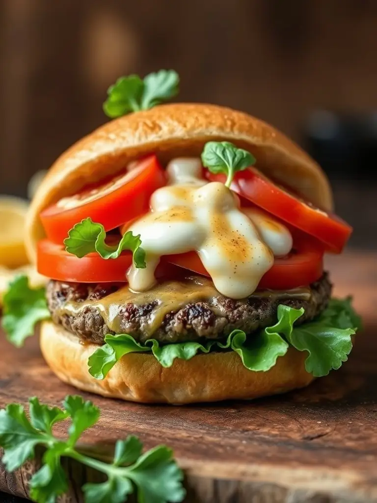 A close-up shot of Ted's Bistro's signature burger, showcasing the juicy patty, melted cheese, fresh toppings, and toasted bun, presented on a wooden board with crispy fries.