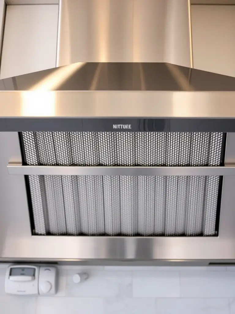 A close-up shot of a sparkling clean kitchen vent hood after Aqua Clean's service, highlighting the removal of grease and grime.