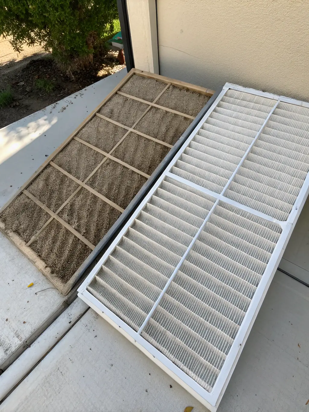 A before-and-after image showcasing a dirty HVAC filter next to a clean one, emphasizing the importance of regular filter replacement for system efficiency and air quality.