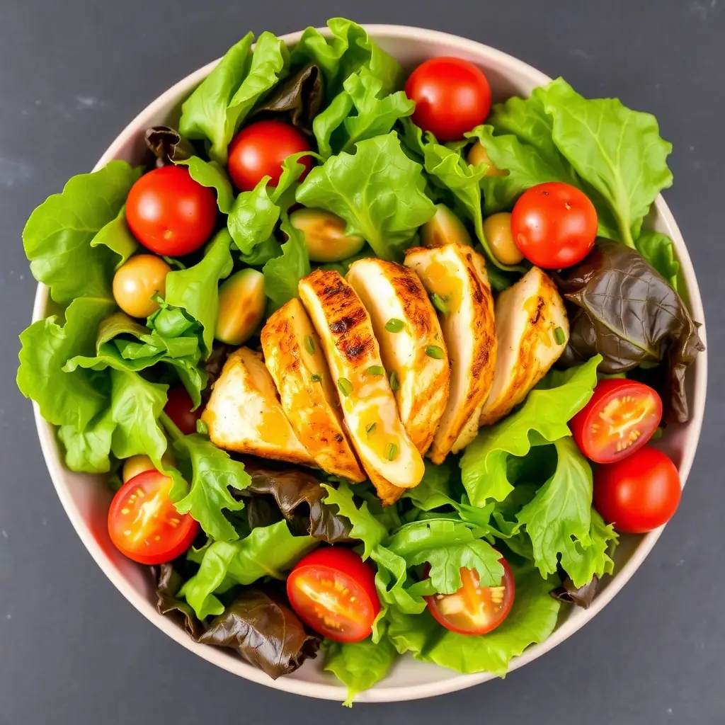 A vibrant image of a colorful salad with mixed greens, grilled chicken, avocado, tomatoes, and a light vinaigrette dressing.