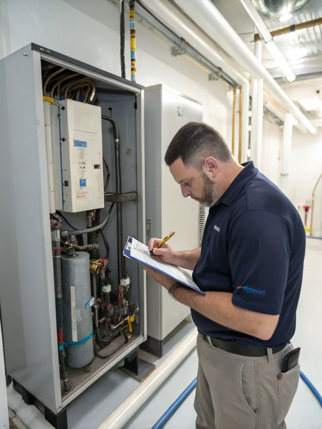 An HVAC technician from Jim's HVAC inspecting an HVAC system, ensuring it is prepared for the upcoming season. The image should convey expertise and attention to detail.