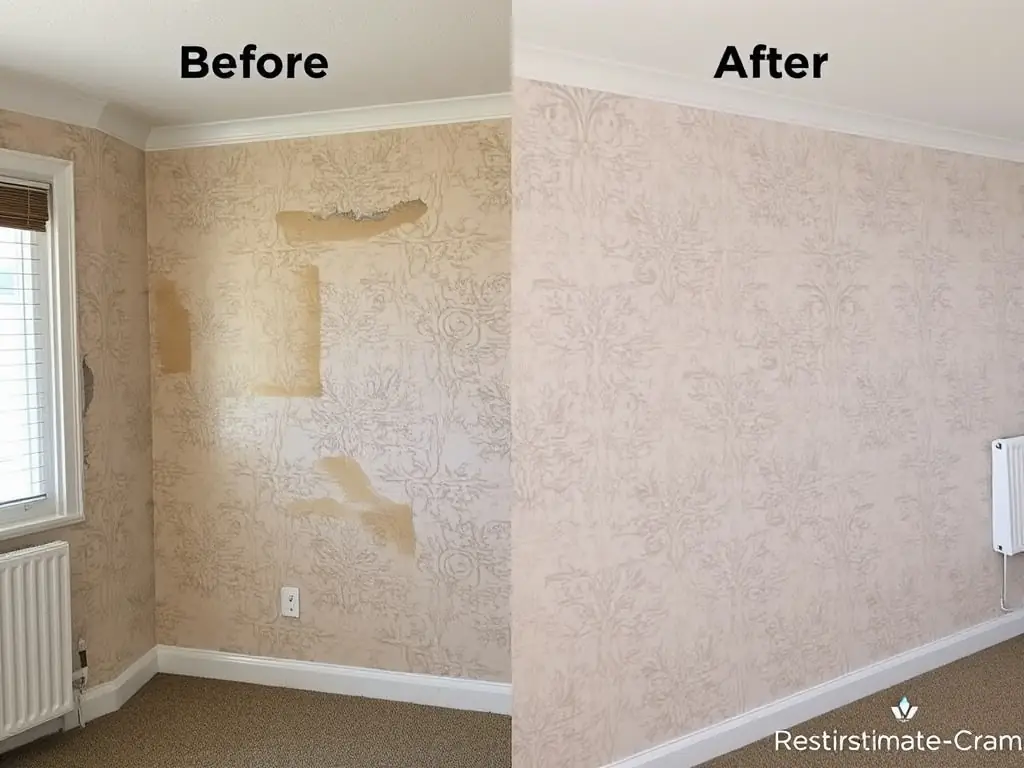 A before-and-after shot of a wall, showing old wallpaper being removed to reveal a smooth, paint-ready surface, demonstrating the effectiveness of wallpaper removal services.