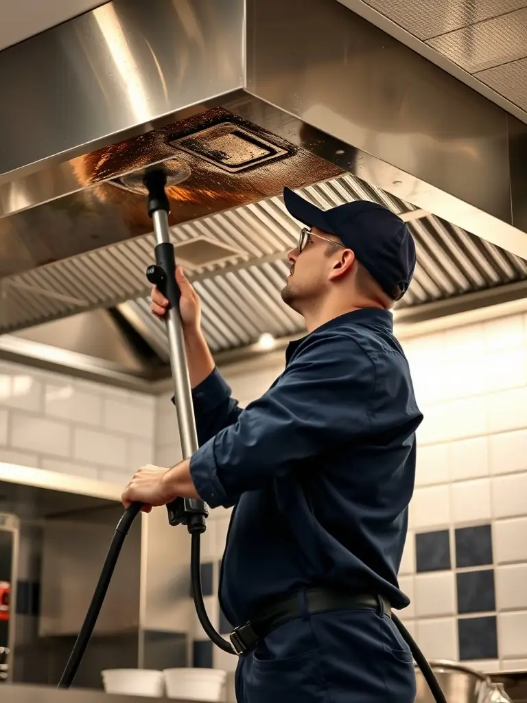 A technician installing a new grease containment system with true-filtering technology, emphasizing Aqua Clean's commitment to using advanced solutions.