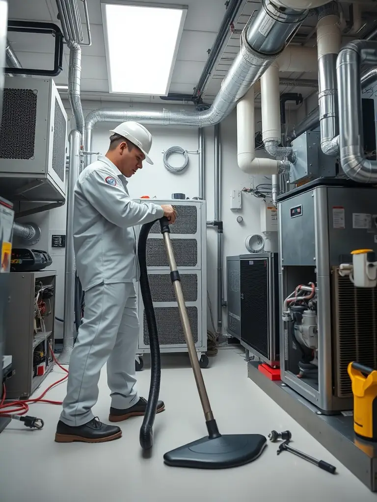 A close-up shot of a technician's gloved hands carefully cleaning the inside of a residential HVAC vent, removing dust and debris with specialized equipment. The image should convey cleanliness and attention to detail.