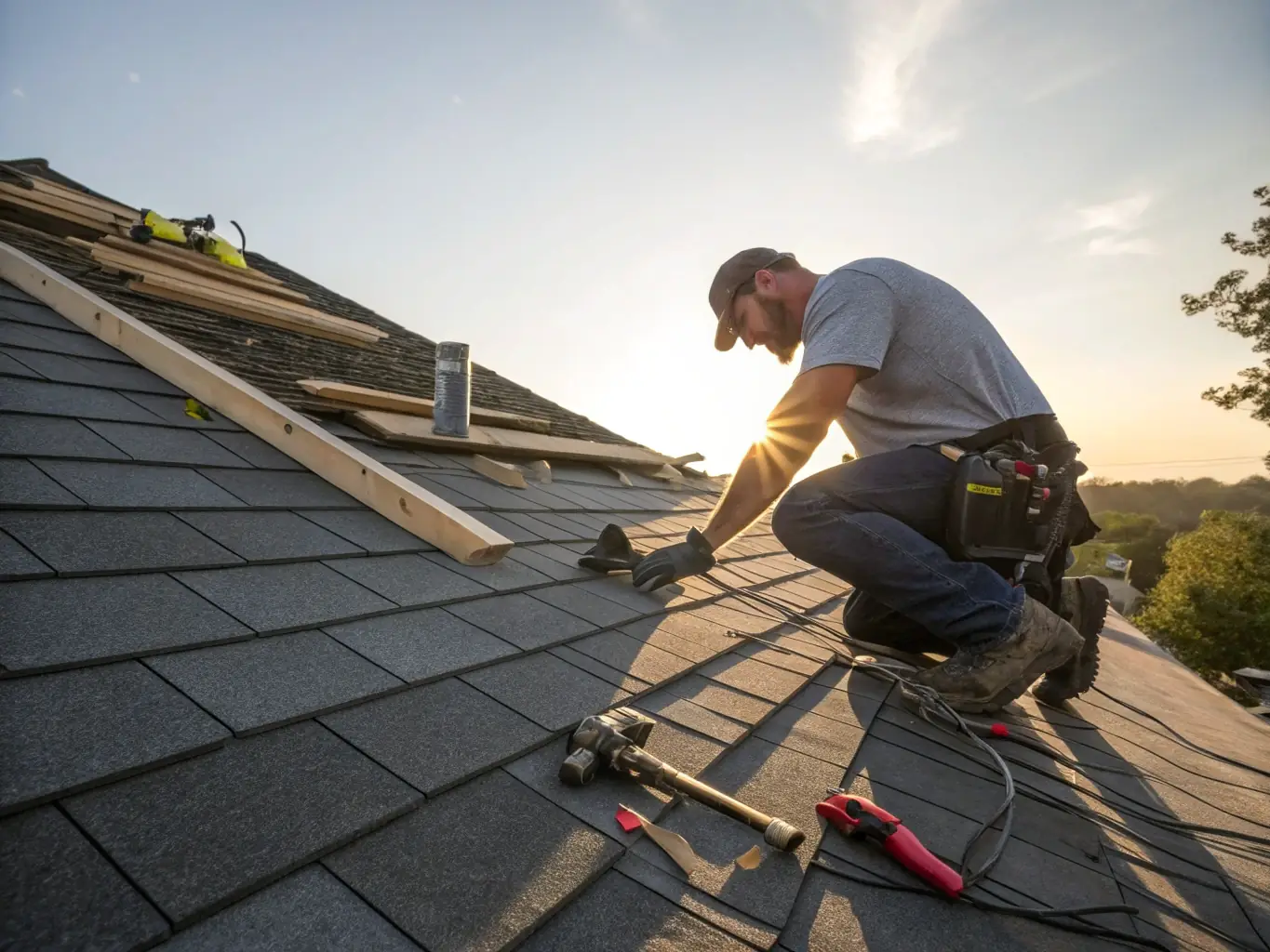 A roofer carefully replacing damaged shingles on a residential roof, showcasing the precision and attention to detail involved in roof repair services.