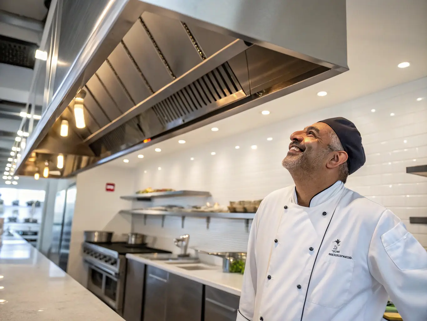 A restaurant owner smiling confidently while receiving a passing inspection report from a health inspector.