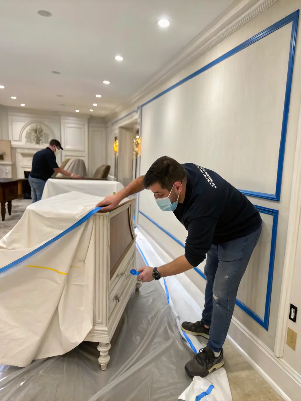 A painter carefully covering furniture with protective sheets before starting an interior painting project, emphasizing Frank's Painting's commitment to cleanliness and protecting clients' belongings.