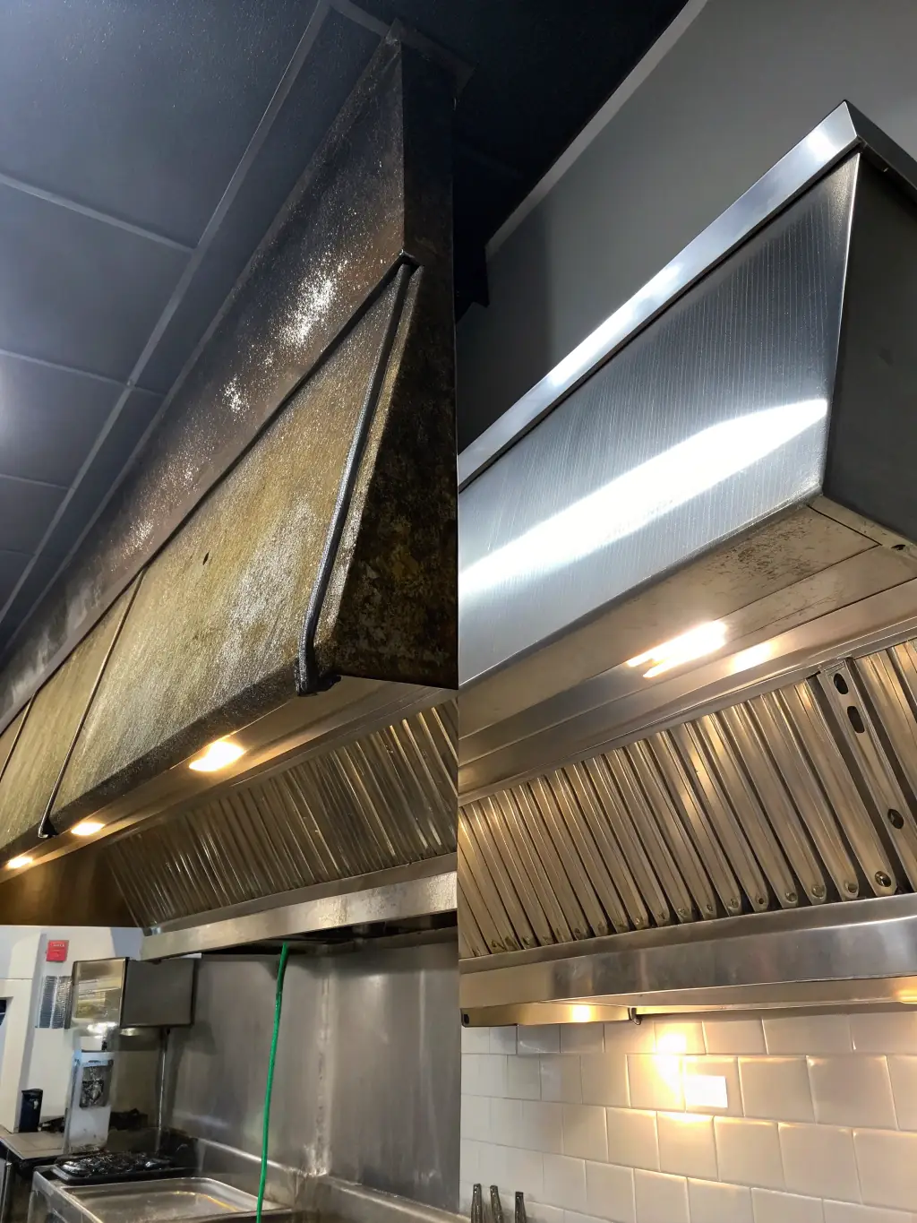 A before-and-after image showcasing the effectiveness of Aqua Clean's grease containment solutions, with a focus on the filtering technology.