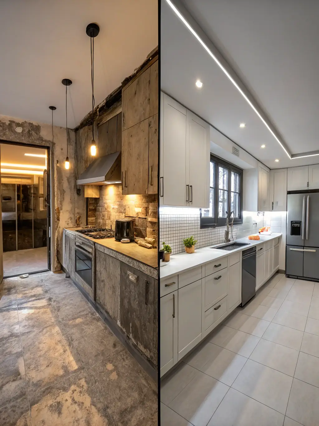 A before-and-after image showcasing a kitchen cabinet transformation, with the 'before' side showing dated cabinets and the 'after' side displaying freshly painted, modern cabinets by Frank's Painting.